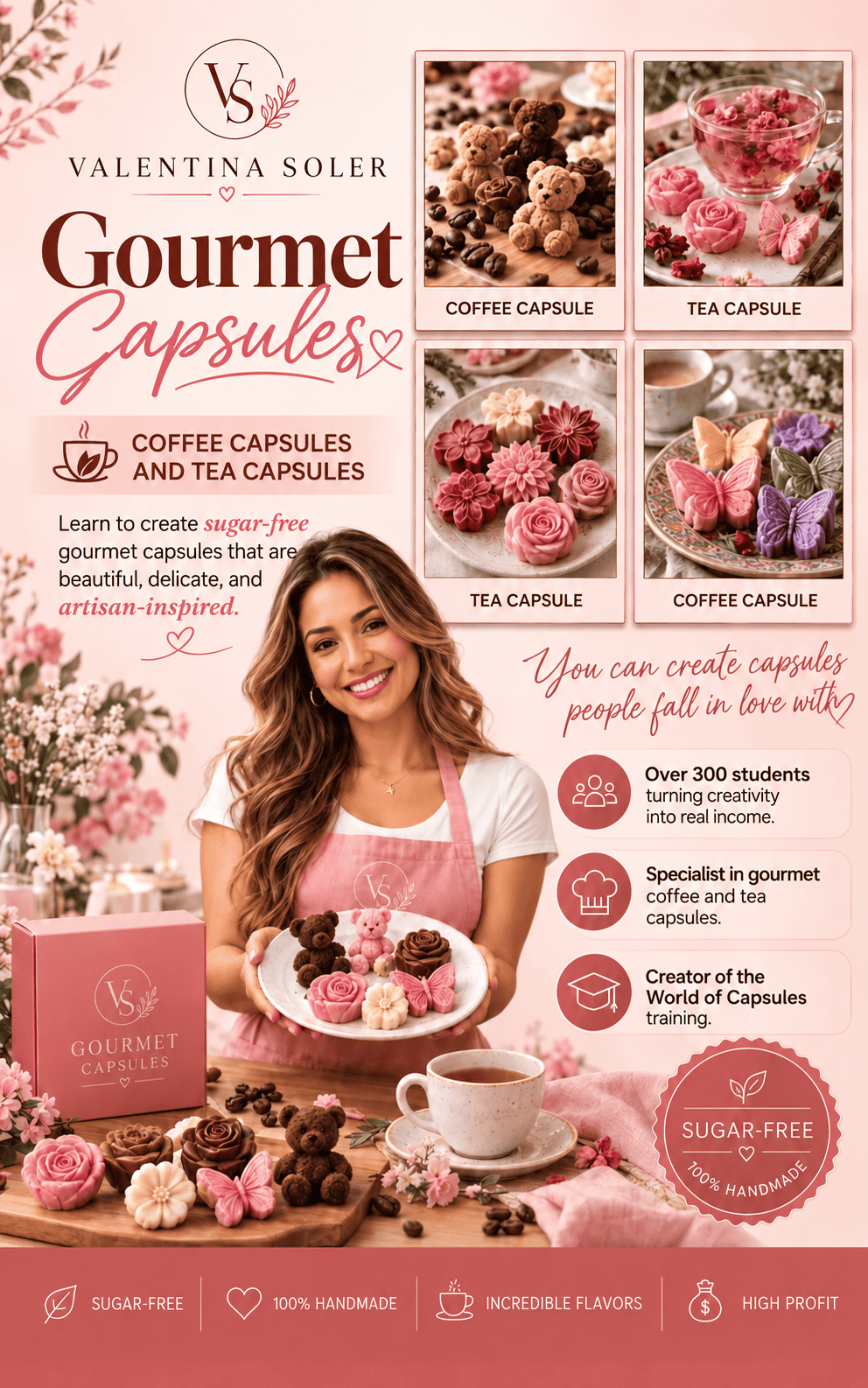 Gourmet handmade coffee and tea creations with flowers, teddy bears, and butterflies